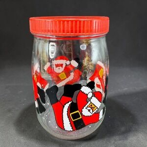 Vintage Santa Claus Glass Cookie Jar Made in France Red Lid Christmas Canister